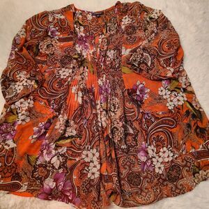 Roaman's Blouse Size 24W Top Shirt 3/4 Sleeves Floral Paisley Pink Maroon Womens
